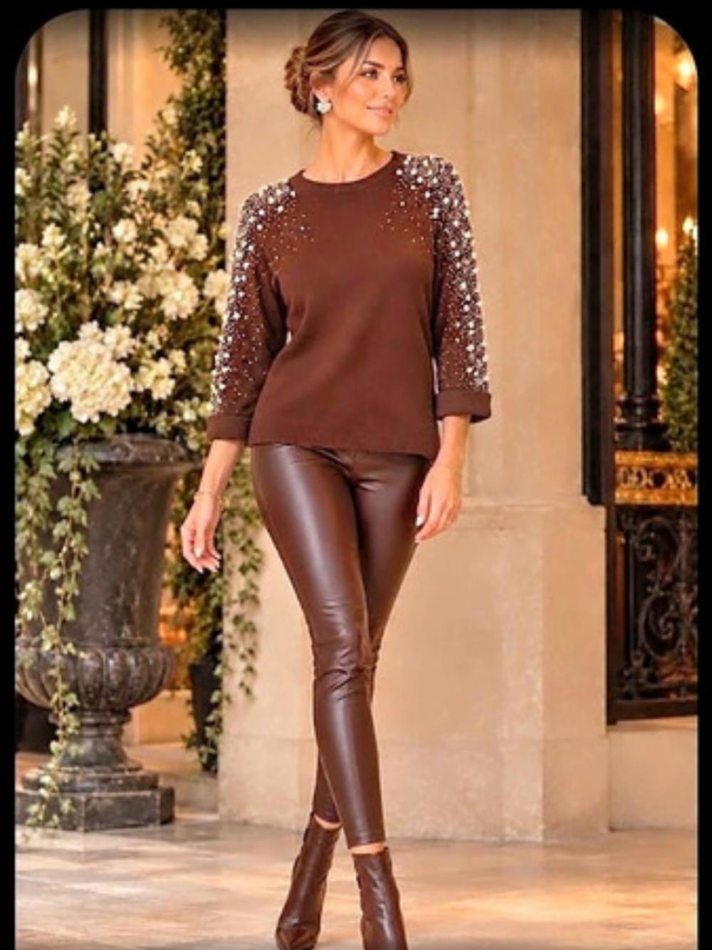 202 Made In Italy Brown Sequined On 3/4 Rolled Up Sleeves Sweater Top